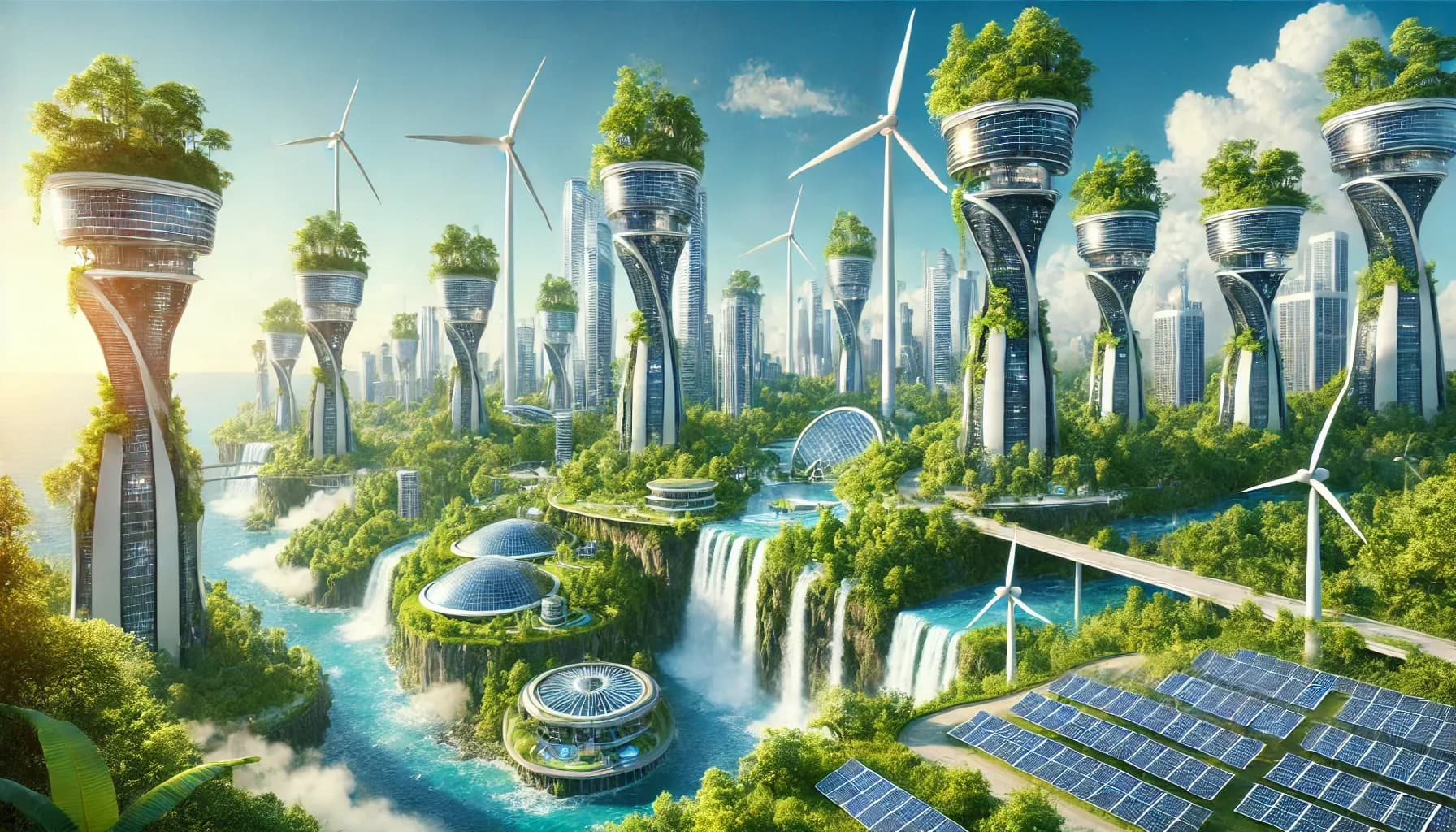 Slim towers with crowns of greenery and rooftop wind turbines, cascading waterfalls between them, a geodesic dome