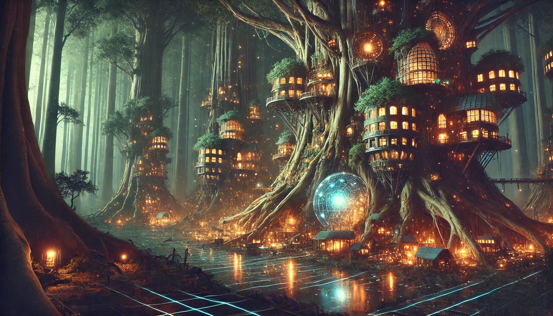 Massive trees with windowed apartments in their trunks, warm lantern light, a glowing geodesic sphere on a cyan-grid floor