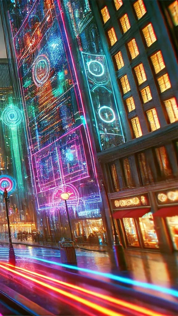 A wet street in one-point perspective, neon storefronts, magenta and cyan light-trails, glowing tower at the vanishing point