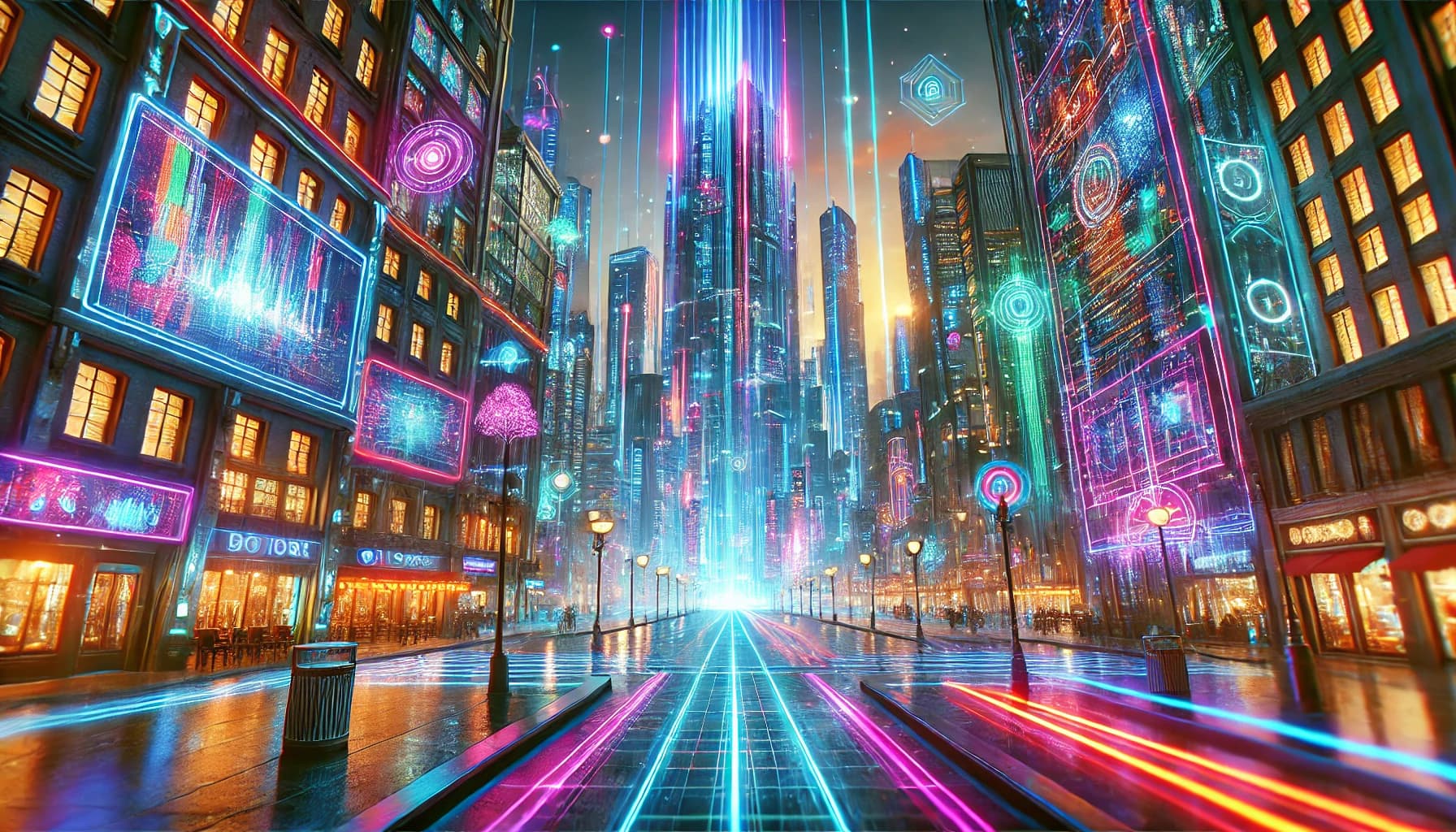 A wet street in one-point perspective, neon storefronts, magenta and cyan light-trails, glowing tower at the vanishing point