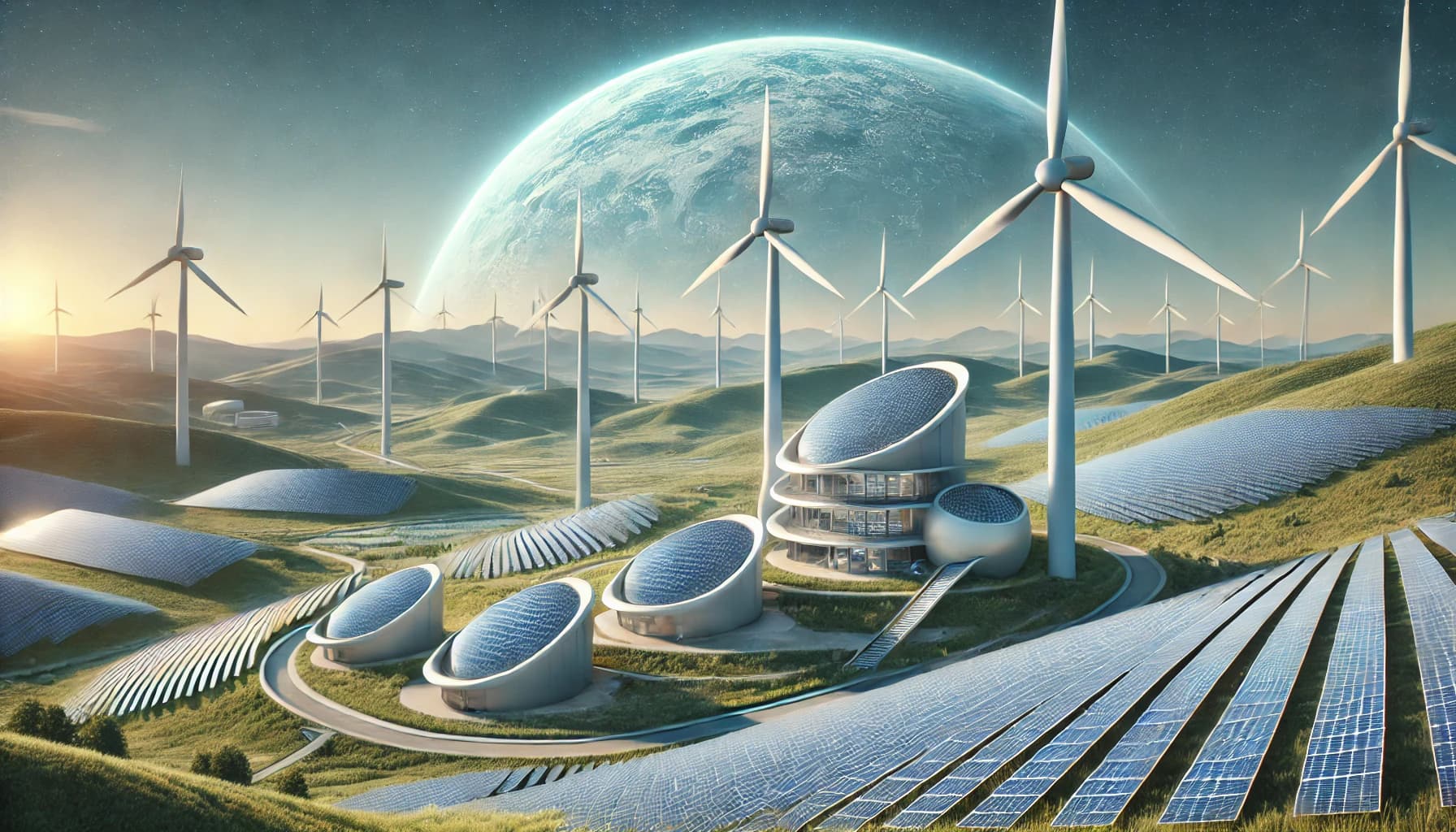 An off-world energy research station — wind turbines, solar panels, egg-shaped buildings under a blue-green planet