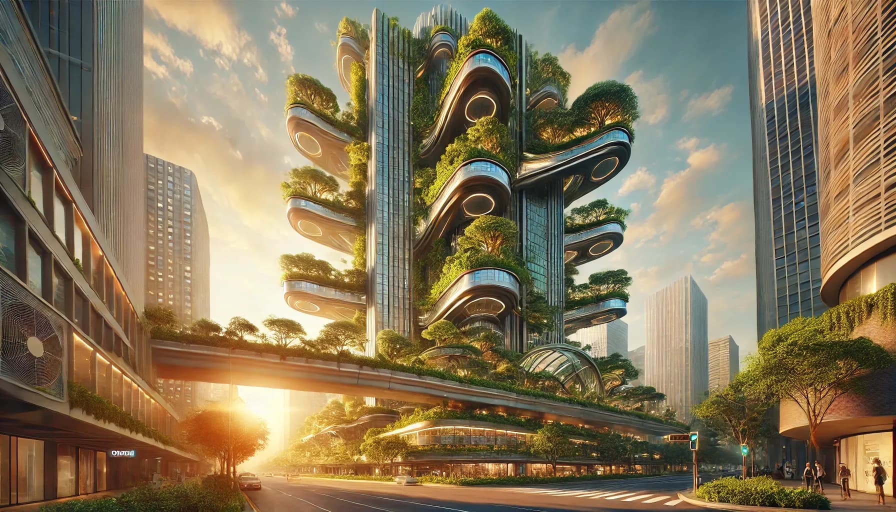 A tall tower at golden hour with stacked pod-shaped horizontal balconies of trees, a pedestrian bridge at mid-height