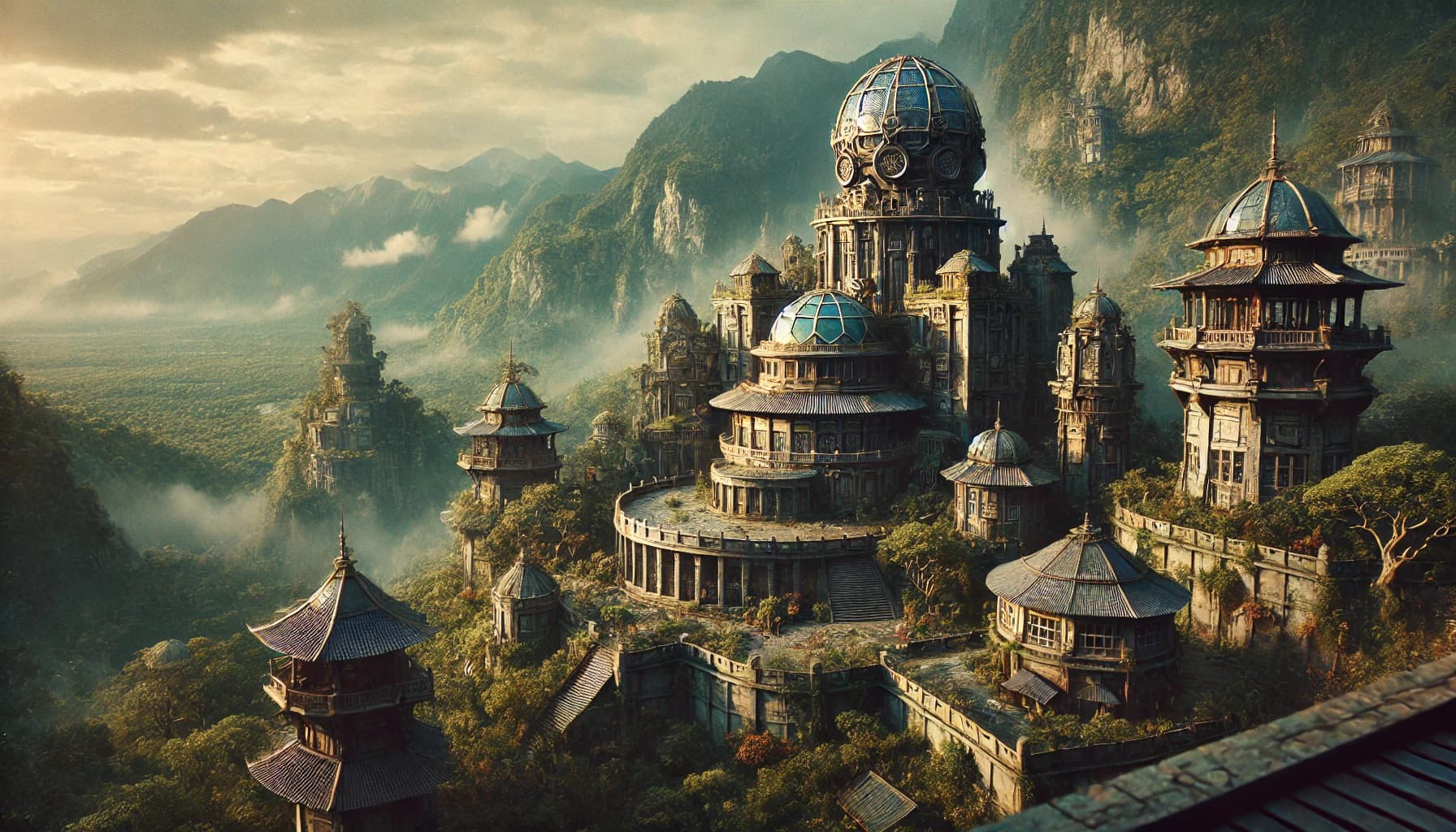 Weathered stone-and-tile domed buildings on a misty mountain ridge with vines climbing the lower walls, no inhabitants