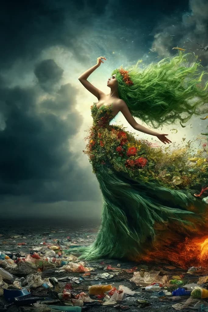 Personified Mother Nature in a green vine dress, recoiling from a burning trash heap with black smoke and red flames