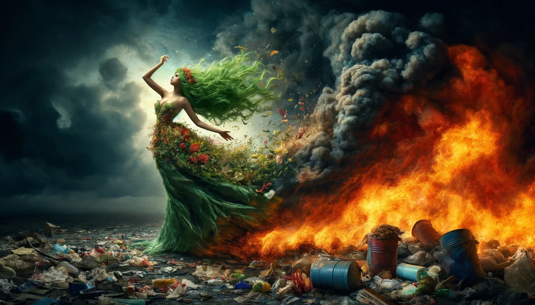 Personified Mother Nature in a green vine dress, recoiling from a burning trash heap with black smoke and red flames
