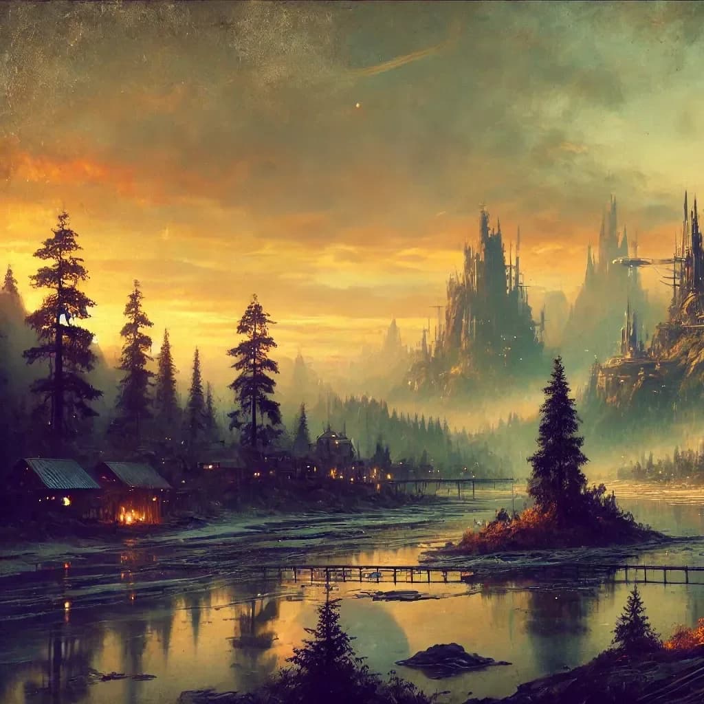 River-valley landscape painting with pine forest, wooden bridge, gothic spire-city at golden hour, disc-craft above