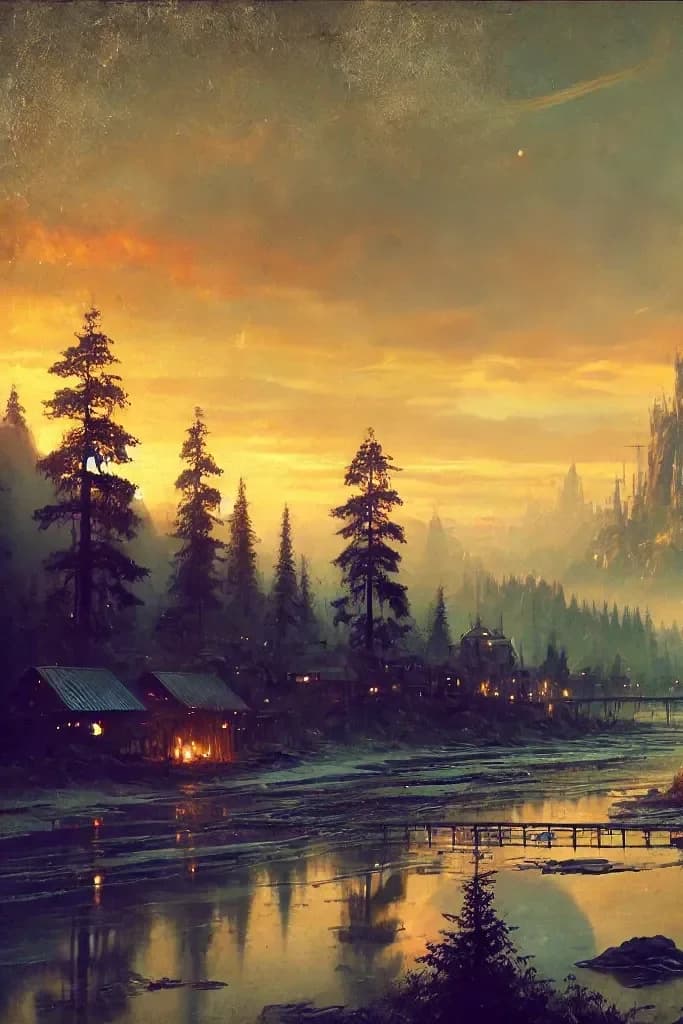 River-valley landscape painting with pine forest, wooden bridge, gothic spire-city at golden hour, disc-craft above