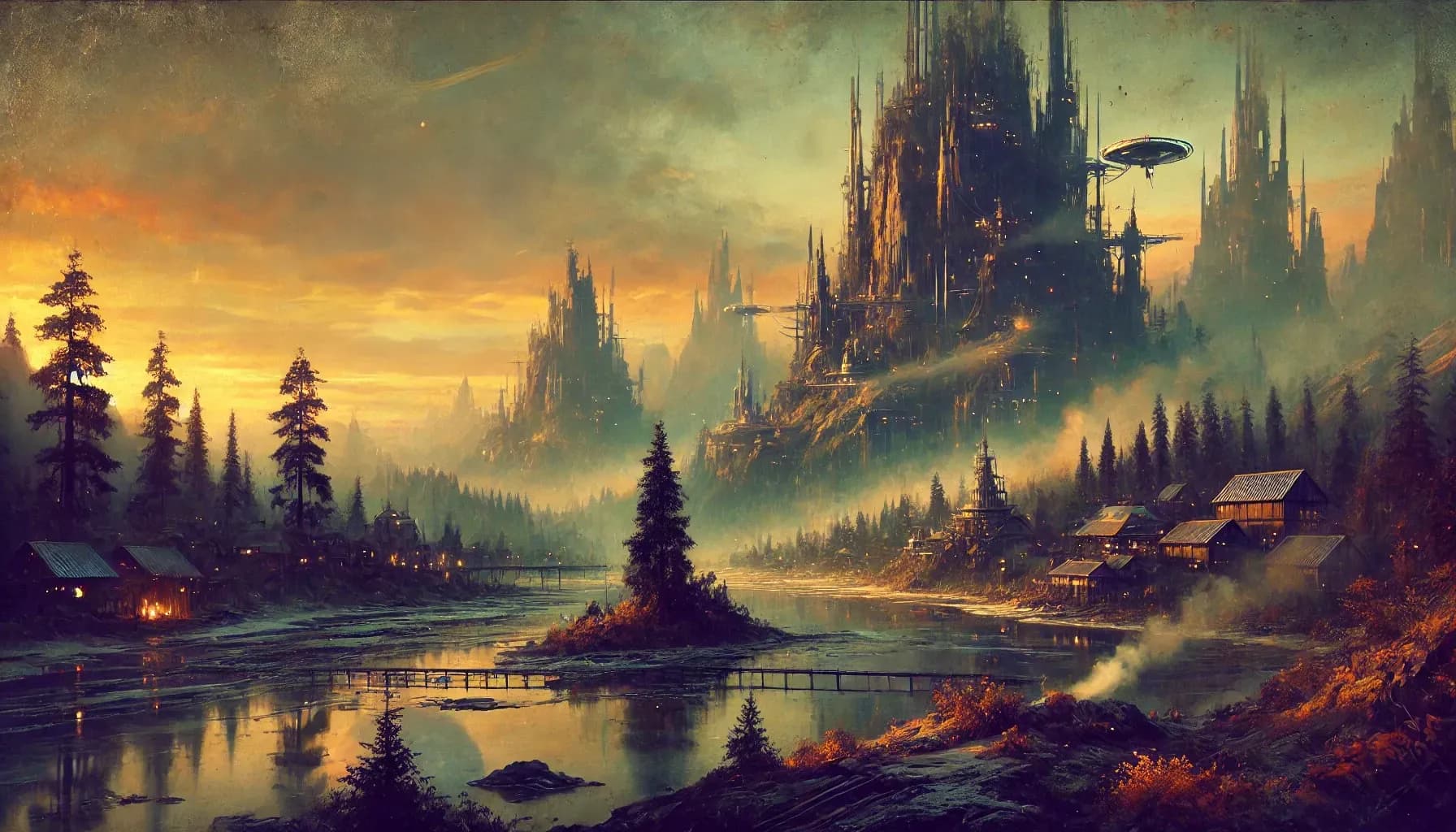 River-valley landscape painting with pine forest, wooden bridge, gothic spire-city at golden hour, disc-craft above