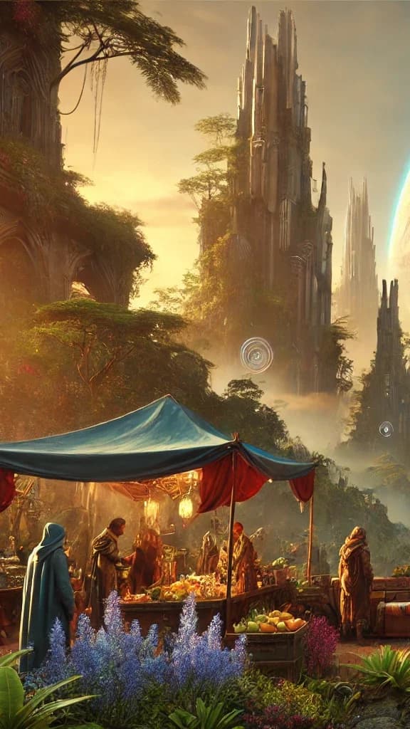 A Renaissance market with red and teal canopies, gothic cathedral spires beyond, two planets in the sunset sky