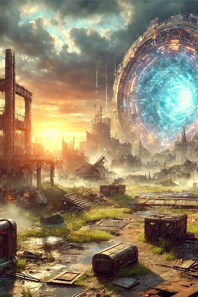 A glowing blue circular time-portal with clockwork rings over ruined buildings, sunset light, broken crates, clock-tower