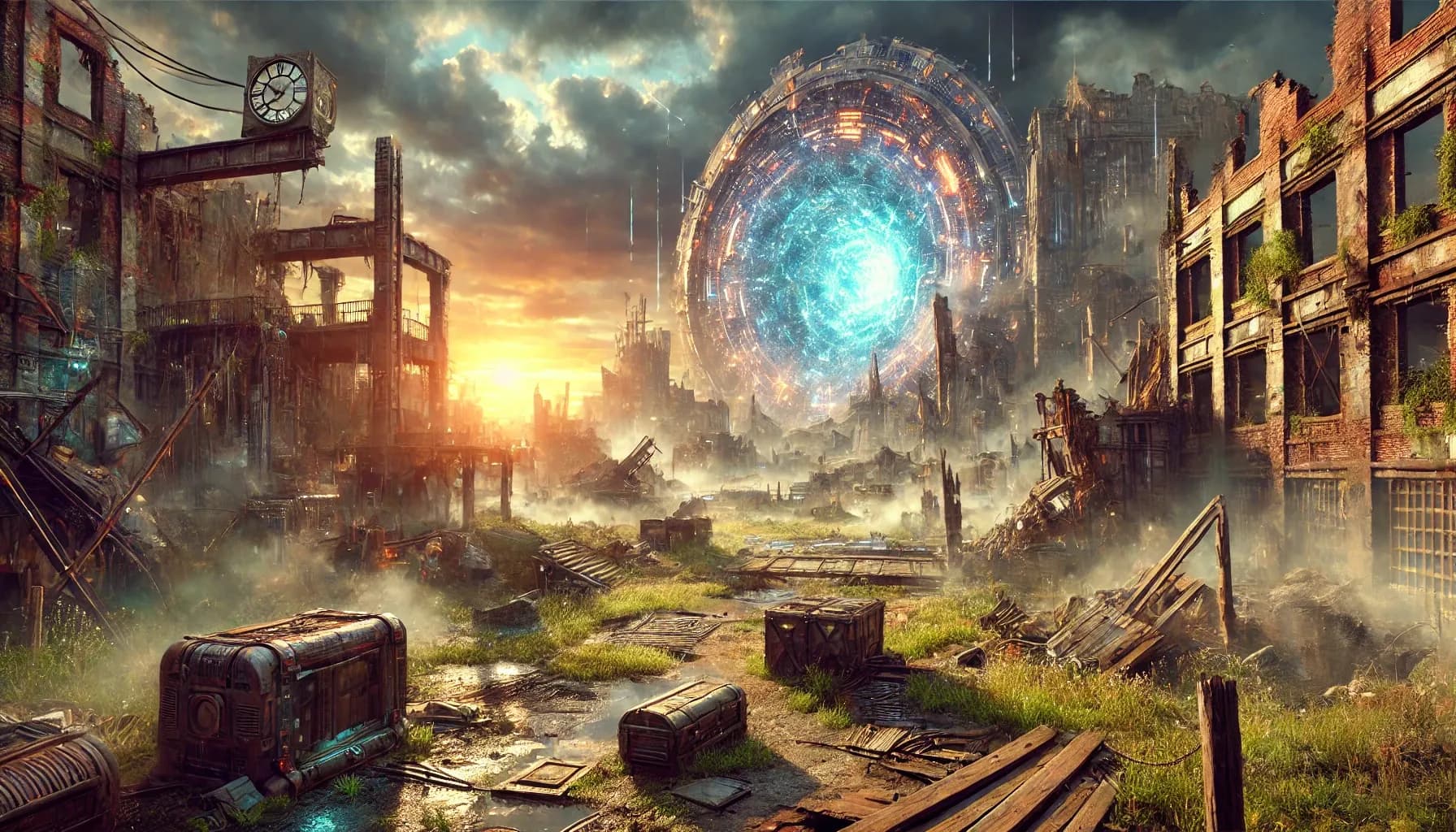 A glowing blue circular time-portal with clockwork rings over ruined buildings, sunset light, broken crates, clock-tower