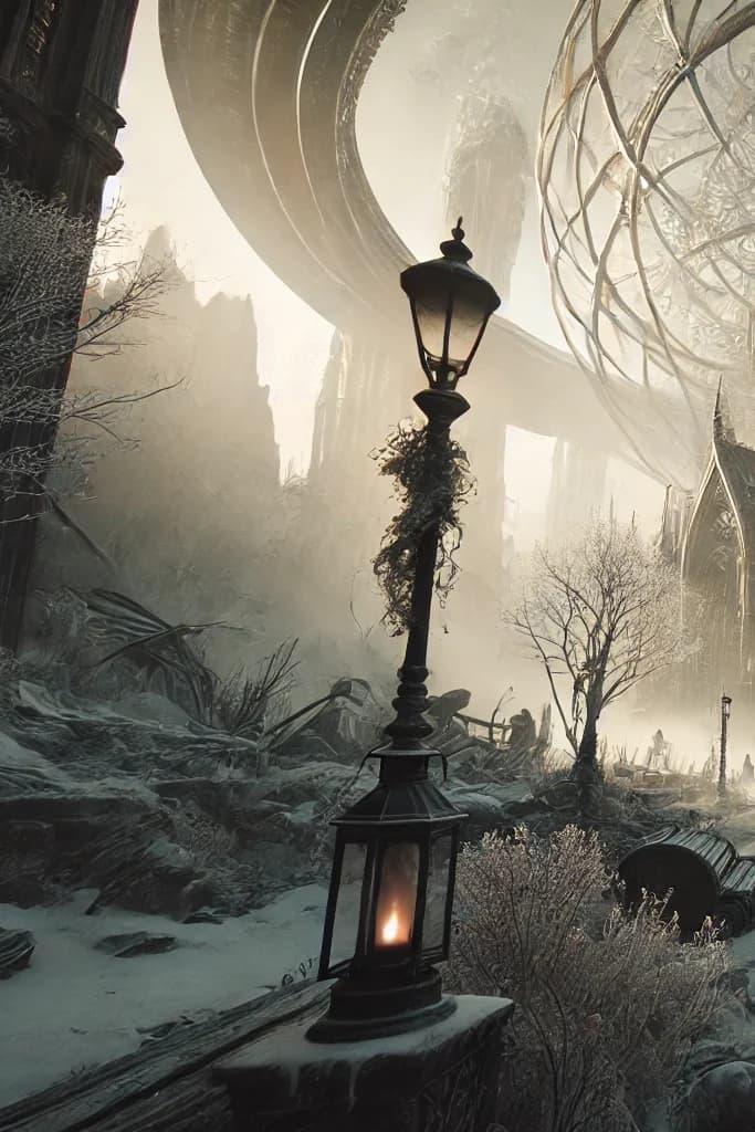 Snowy ruined gothic cathedral with a massive concentric-ring armillary sphere behind it, cloaked figures, gas lamp