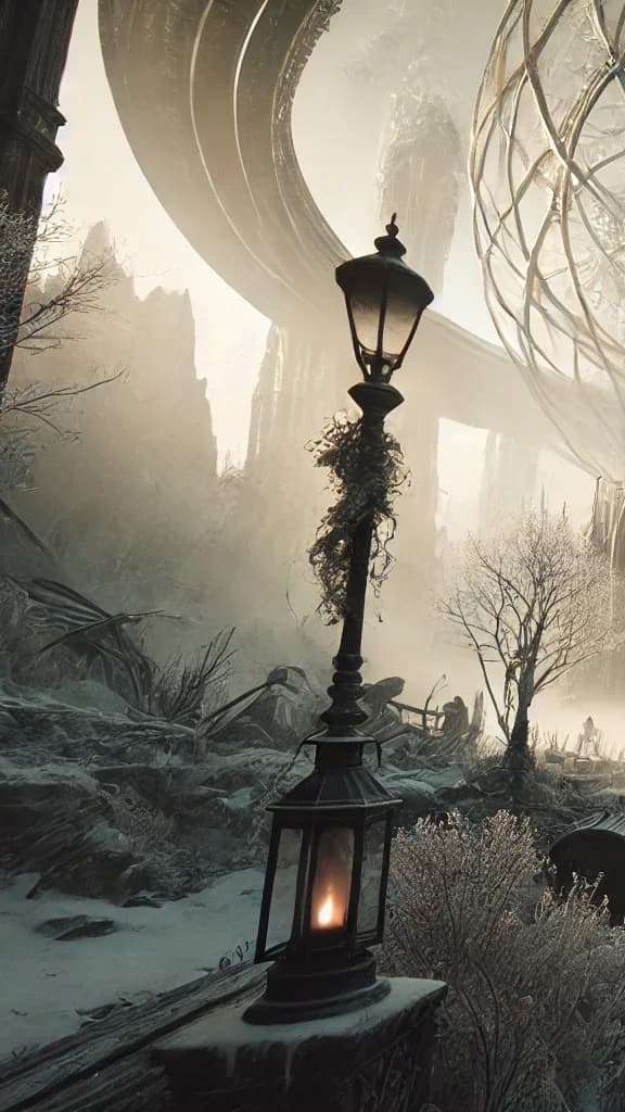 Snowy ruined gothic cathedral with a massive concentric-ring armillary sphere behind it, cloaked figures, gas lamp