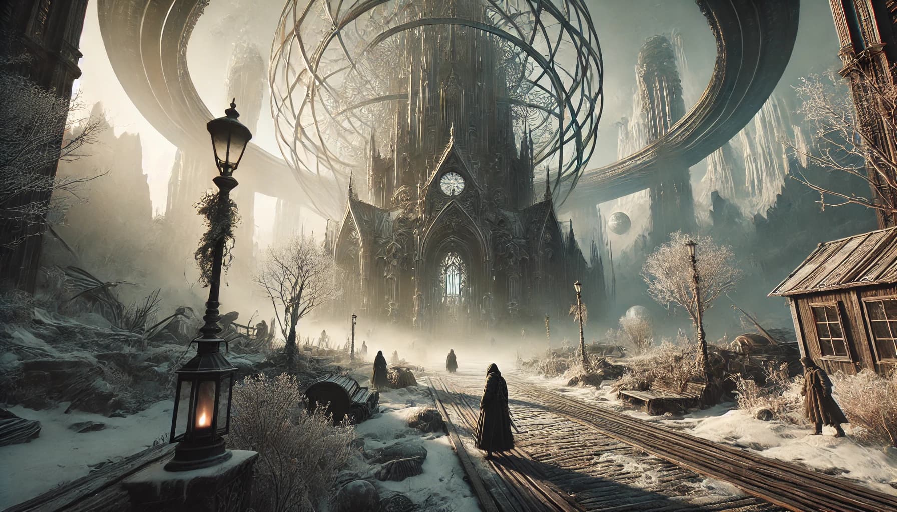 Snowy ruined gothic cathedral with a massive concentric-ring armillary sphere behind it, cloaked figures, gas lamp