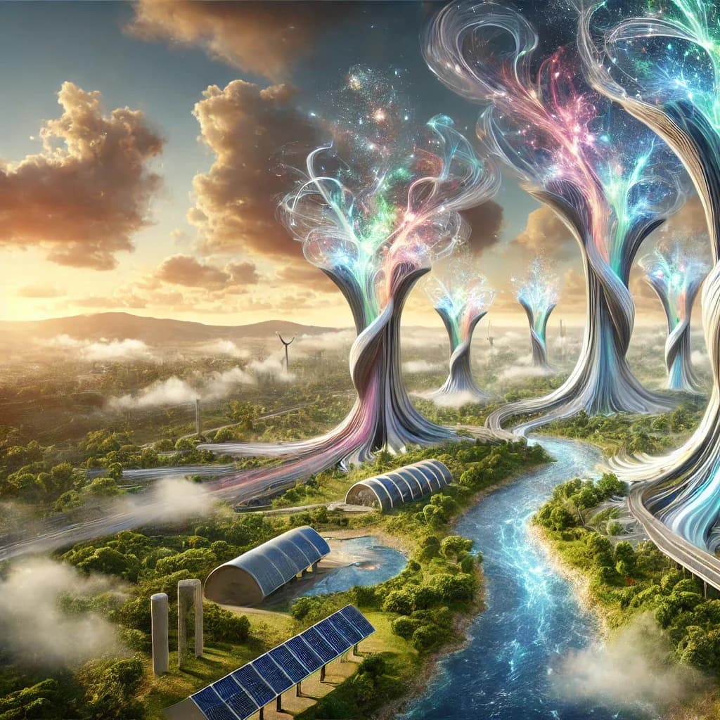 Three tree-shaped towers wrapped in rainbow-light strands above a countryside with a highway, wind turbines, and solar panels