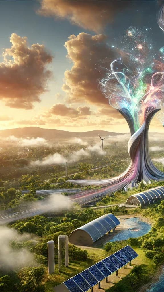 Three aurora tree-shaped towers above a flat countryside with wind turbines, a solar array, a river, and a two-lane highway