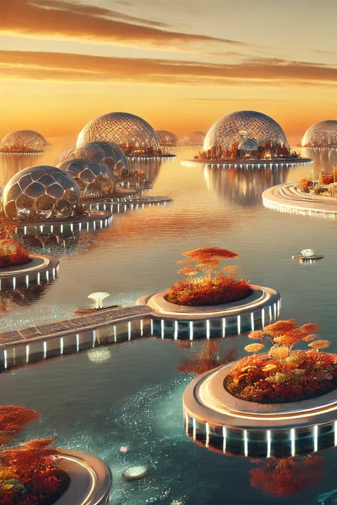 Geodesic glass domes on small floating platforms in calm water, surrounded by autumn-orange foliage and reflective light