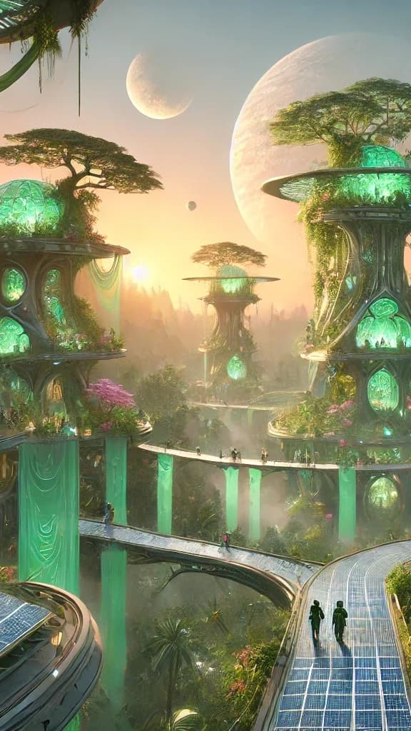 Two figures on a solar-paneled bridge between mushroom-cap towers with cyan pillar bases, two moons, pink sunset