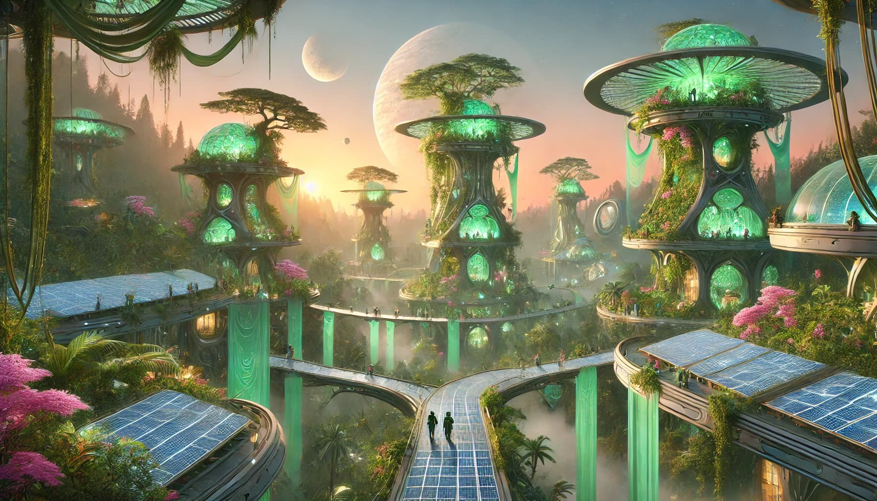 Two figures on a solar-paneled bridge between mushroom-cap towers with cyan pillar bases, two moons, pink sunset