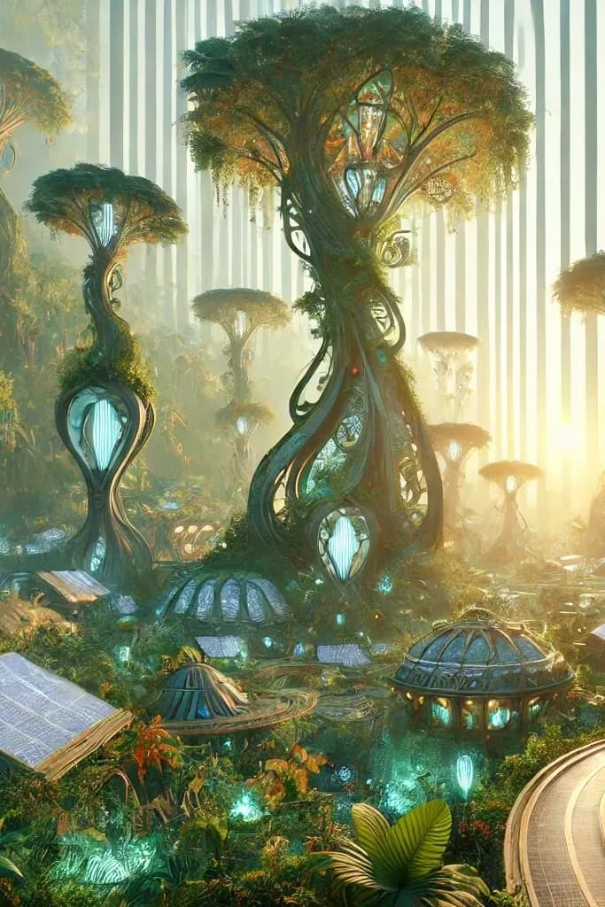 Through a curved window onto an atrium with massive tree-vase tower-organisms, domes, solar panels, pink flowers