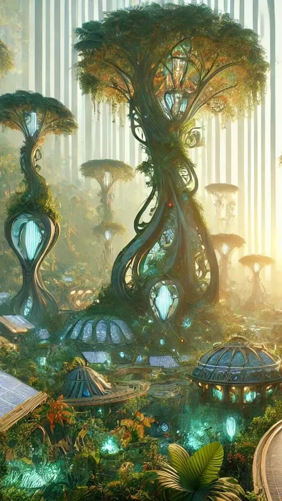 Through a curved window onto an atrium with massive tree-vase tower-organisms, domes, solar panels, pink flowers