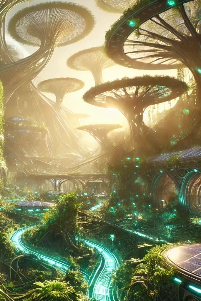 Curved low-rise buildings under massive mushroom-tree organisms with cyan vein-channels weaving through them