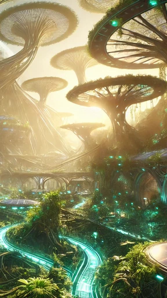 Curved low-rise buildings under massive mushroom-tree organisms with cyan vein-channels weaving through them