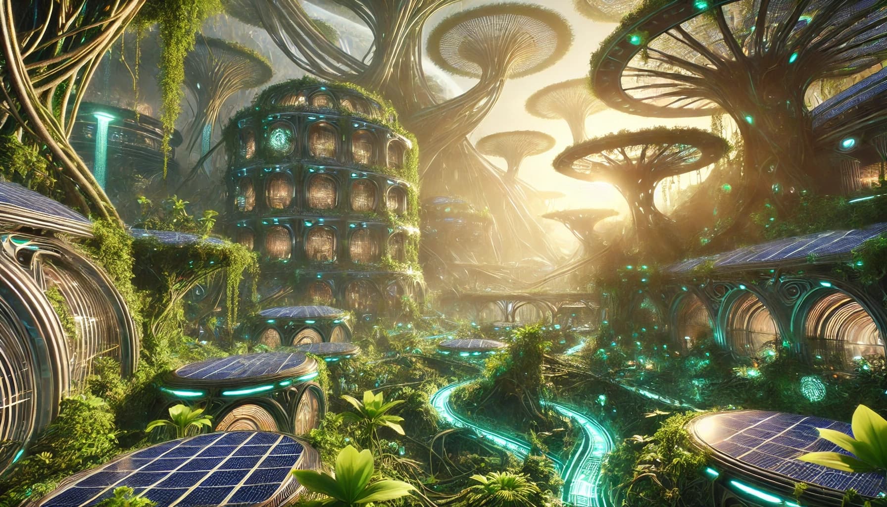 Curved low-rise buildings under massive mushroom-tree organisms with cyan vein-channels weaving through them