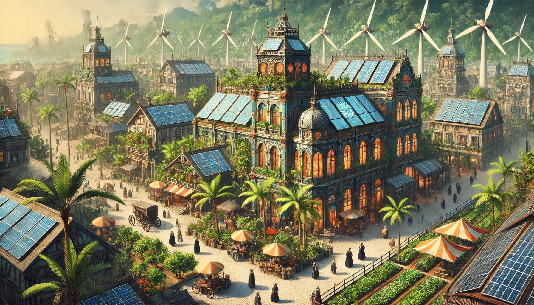 A colonial-tropical port with masonry buildings, blue solar-panel rooftops, palms, market umbrellas, and ridge-line turbines