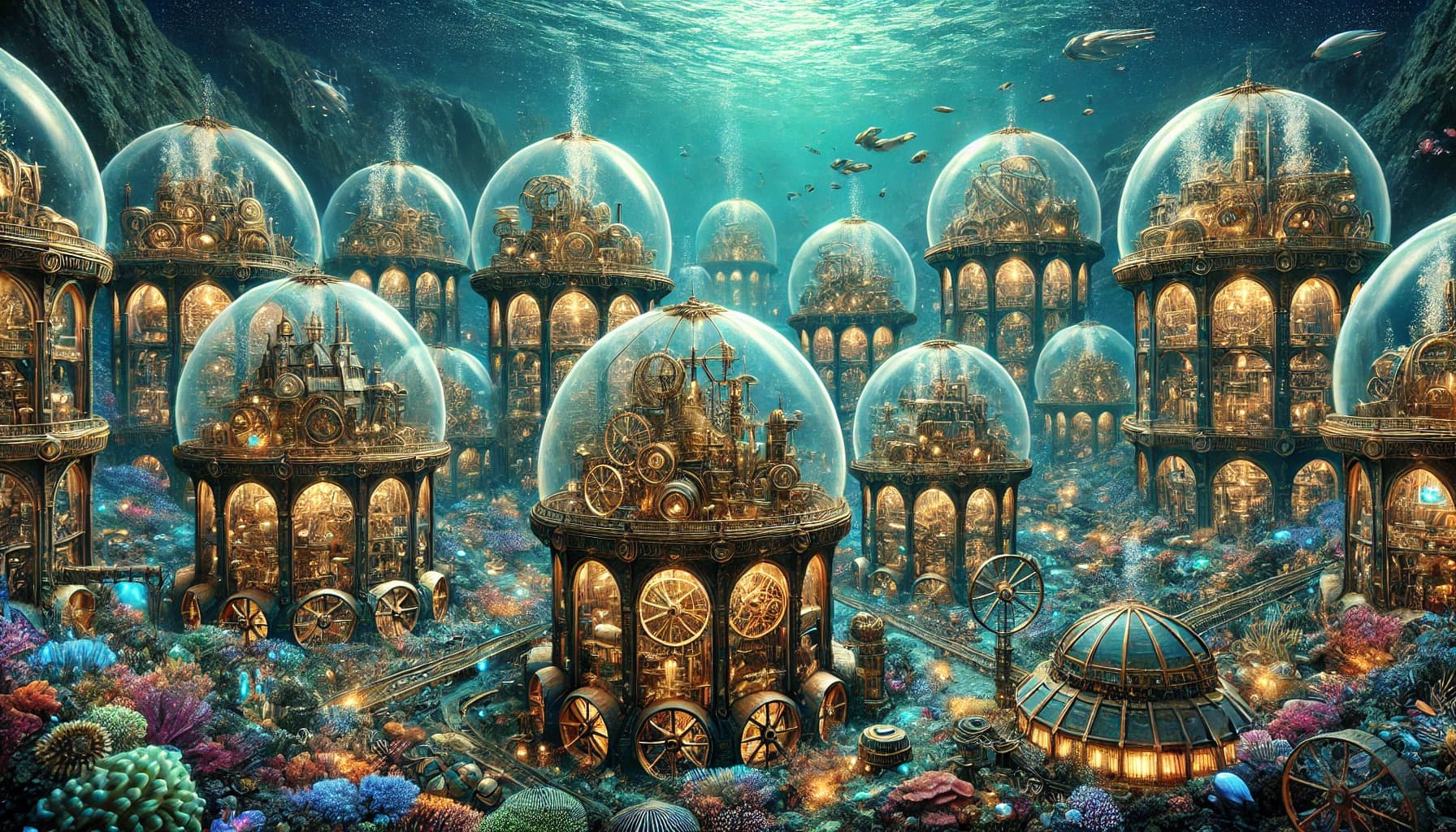 Many glass bubble-domes on the seafloor with brass-and-wood steampunk machinery, surrounded by coral reefs and schooling fish
