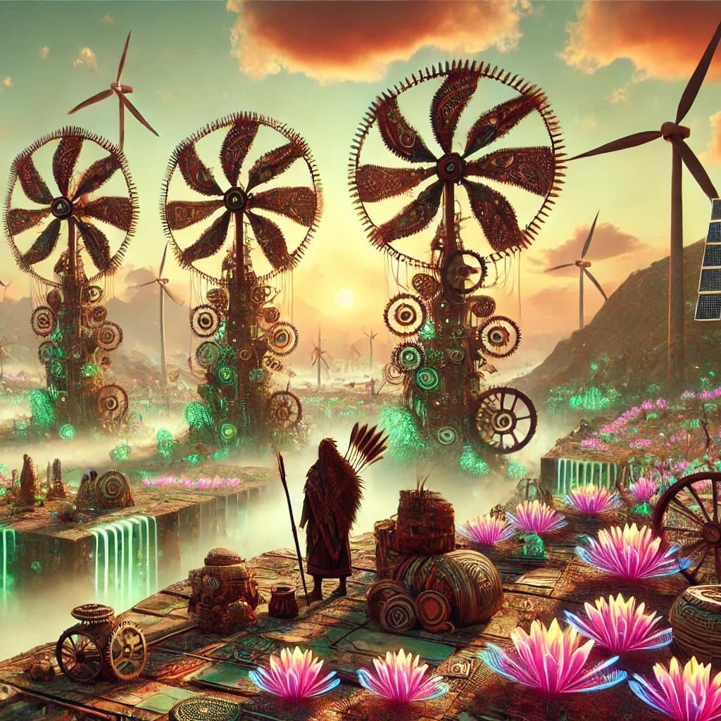 Bronze pinwheel turbines with visible cogs above terraced pink lotus paddies, green water cascades, saffron-robed figure
