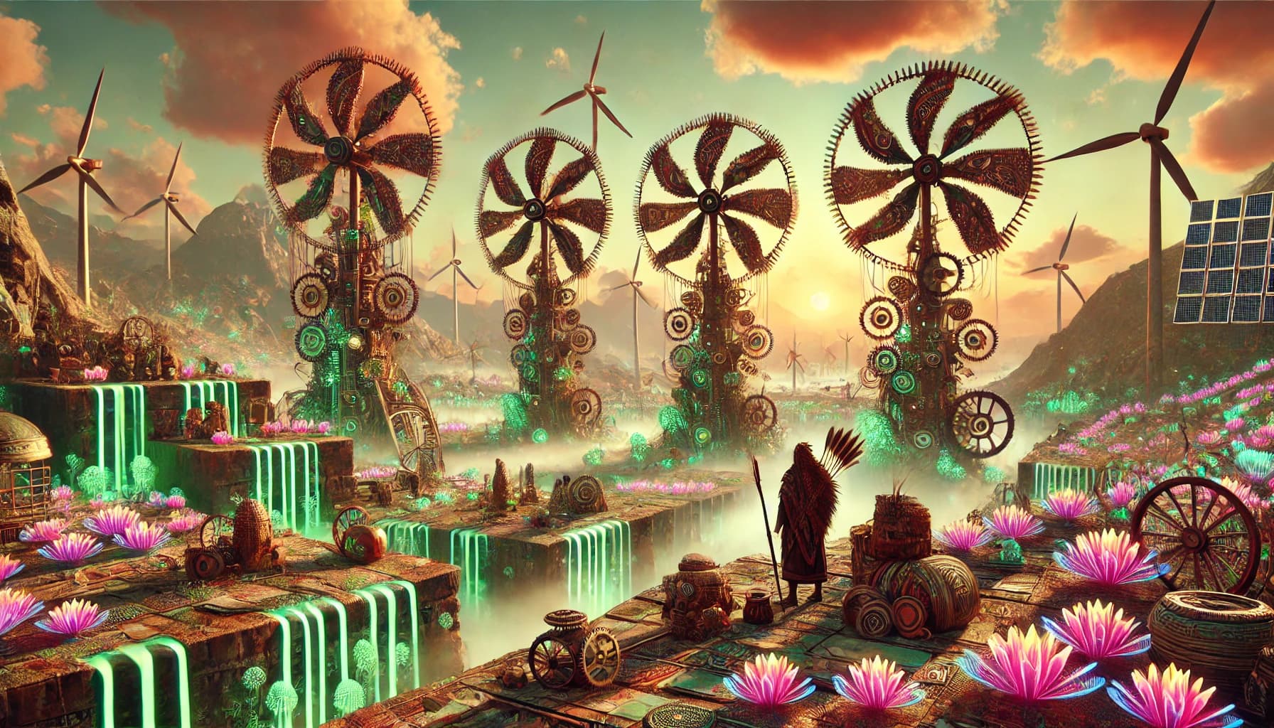 Bronze pinwheel turbines with visible cogs above terraced pink lotus paddies, green water cascades, saffron-robed figure
