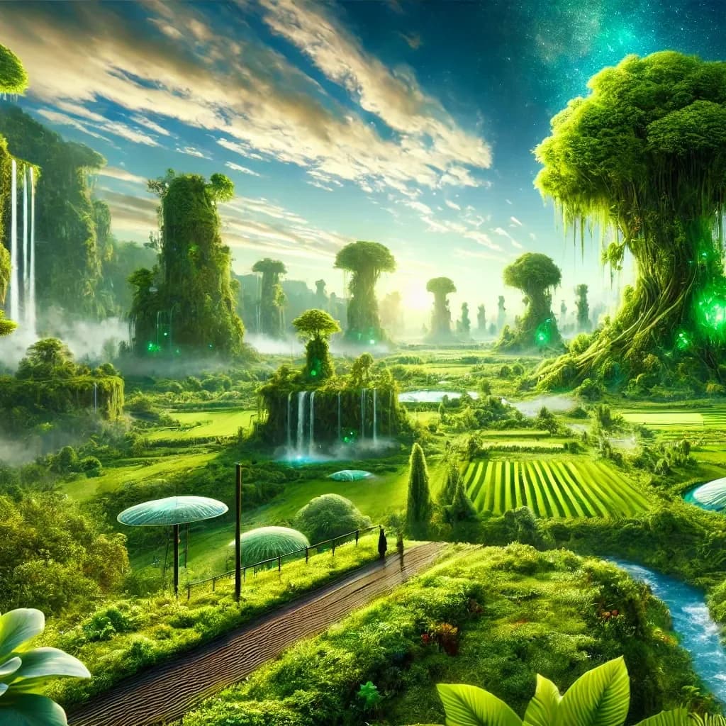 A verdant valley with massive tree-towers acting as buildings, vines spilling down, waterfalls, terraced fields