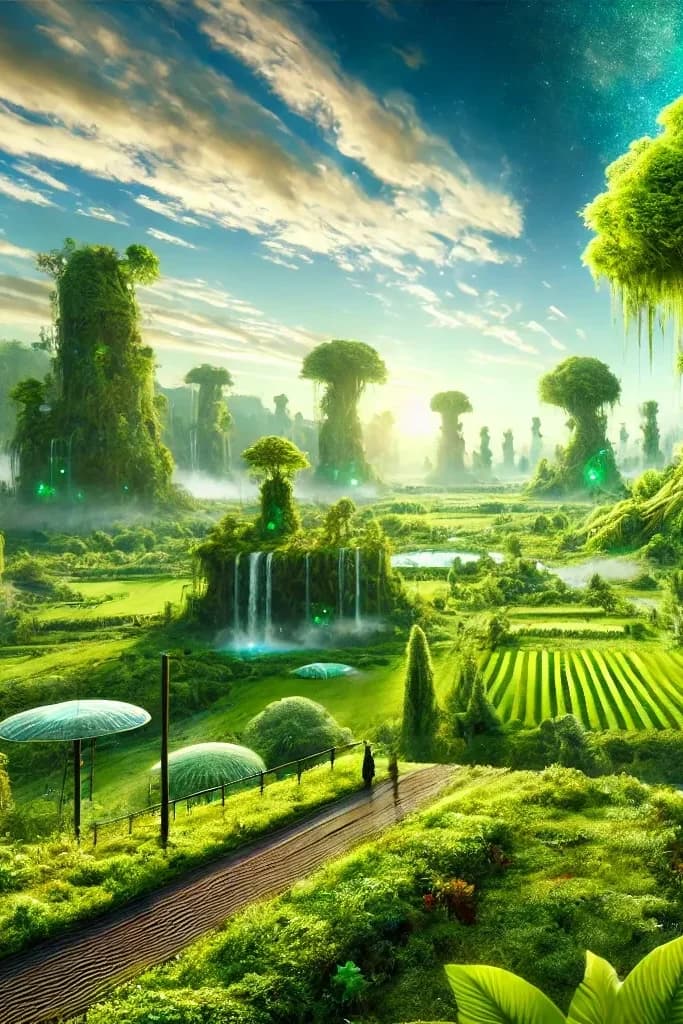 A verdant valley with massive tree-towers acting as buildings, vines spilling down, waterfalls, terraced fields