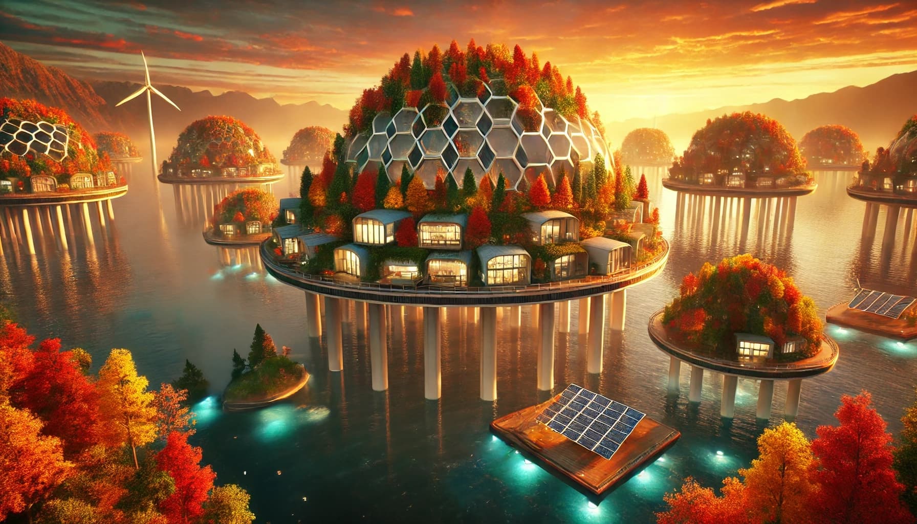 A stilted platform holding a hexagonal geodesic dome of autumn maples, with floating tree-islands and a wind turbine