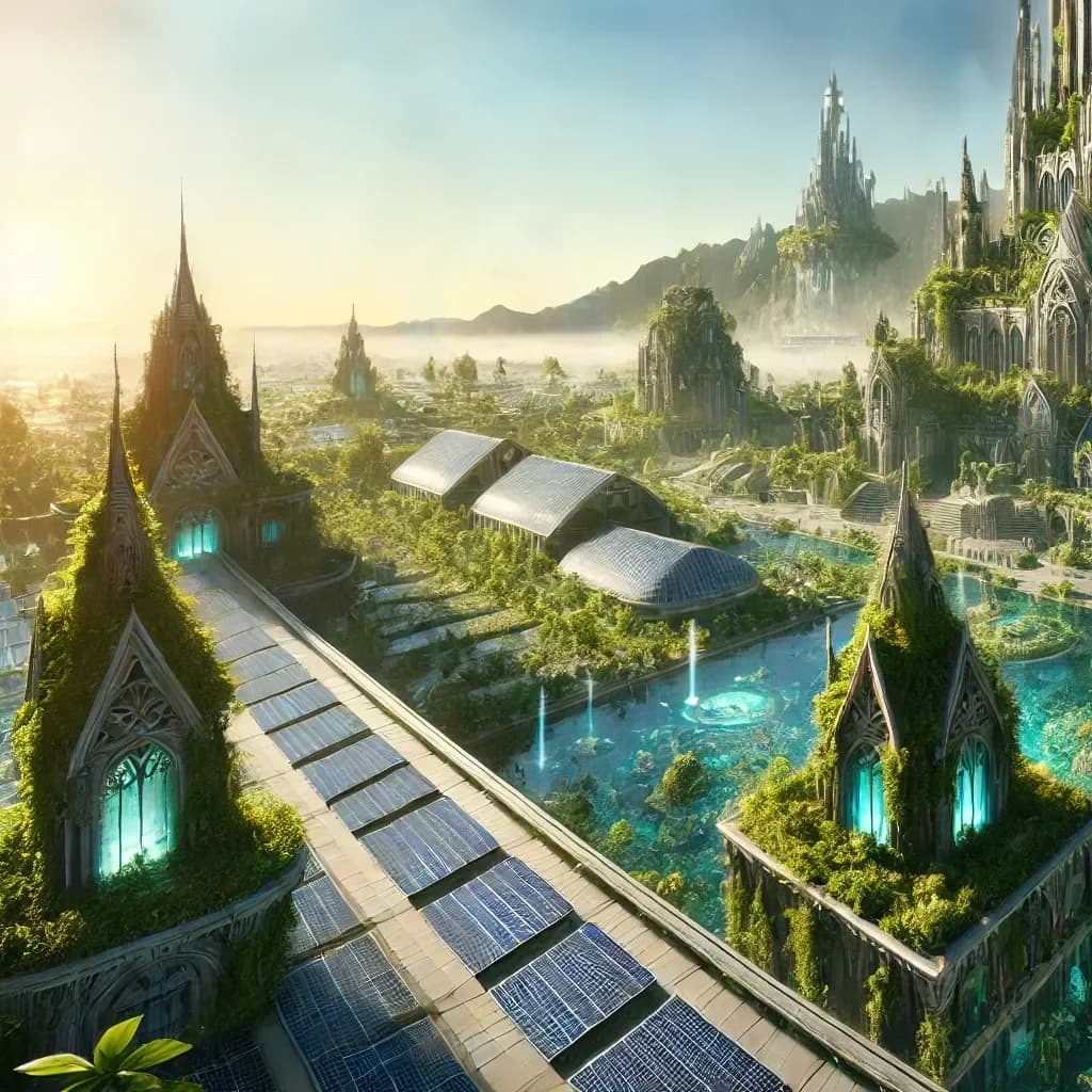 Gothic cathedral spires behind angular pavilions with steep solar-paneled roofs and cyan glowing fountains, vines