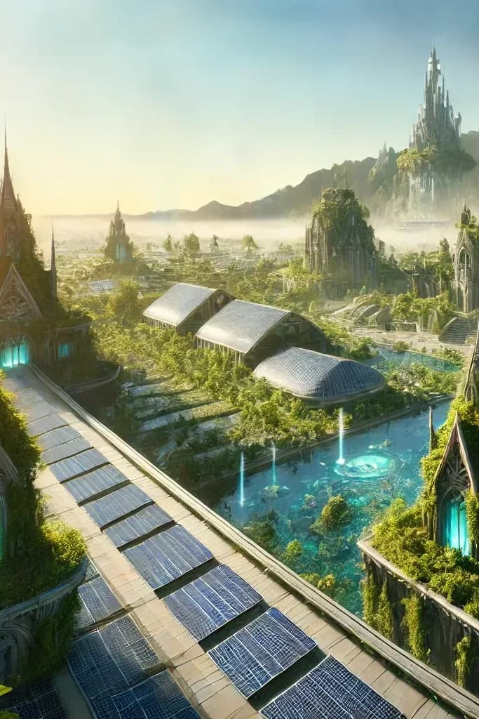 Gothic cathedral spires behind angular pavilions with steep solar-paneled roofs and cyan glowing fountains, vines