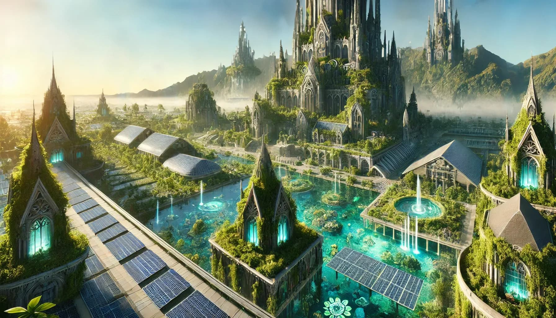 Gothic cathedral spires behind angular pavilions with steep solar-paneled roofs and cyan glowing fountains, vines
