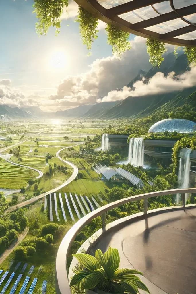 Curved white-and-glass arch-buildings, cascading waterfalls, immaculate solar arrays, mountains, large planet rising