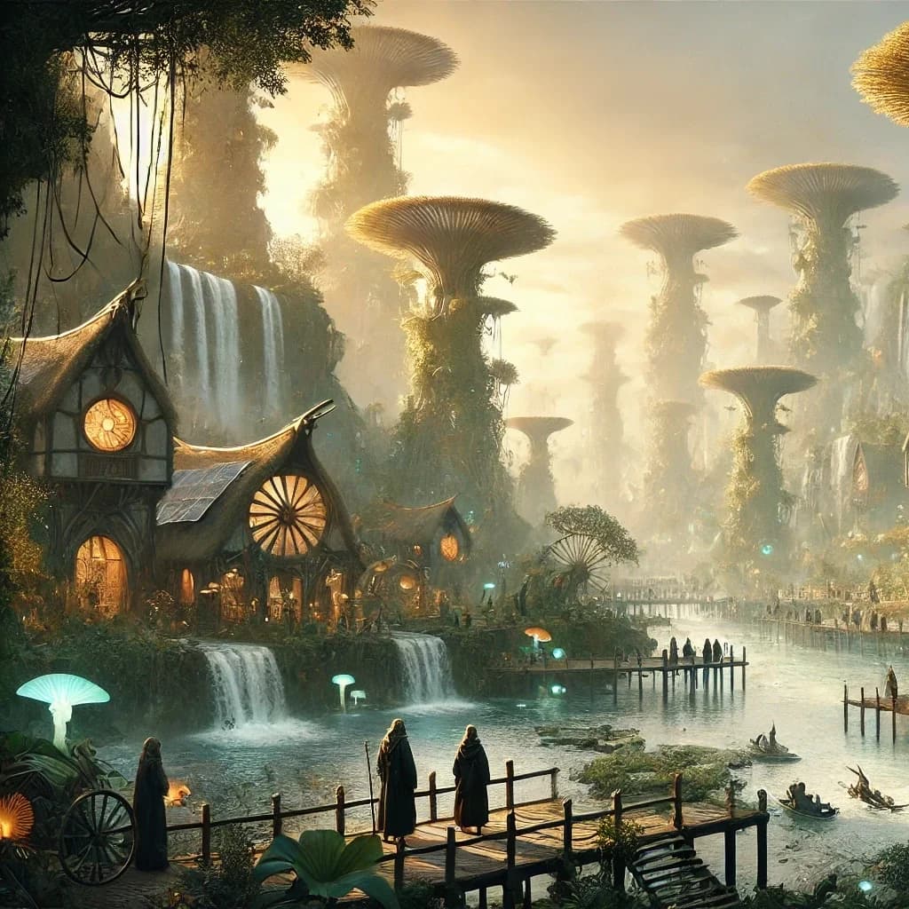 Giant banyan-mushroom trees over a riverside village with cottages, footbridge with robed figures, solar panel, rowboat