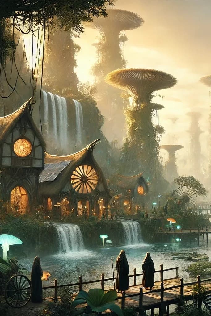 Giant banyan-mushroom trees over a riverside village with cottages, footbridge with robed figures, solar panel, rowboat