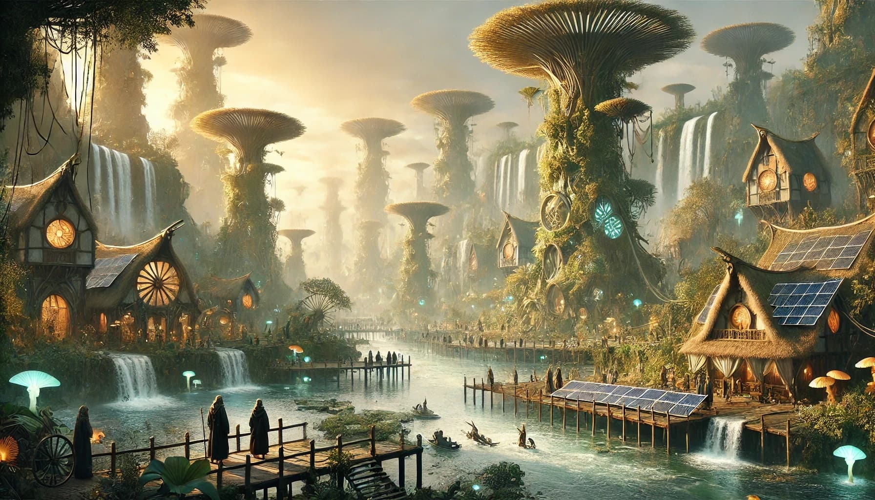 Giant banyan-mushroom trees over a riverside village with cottages, footbridge with robed figures, solar panel, rowboat