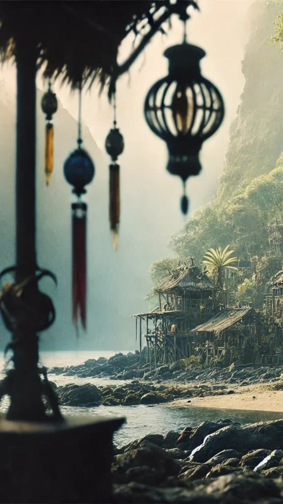 A foreground tree hung with metal lanterns and beaded chimes, a coastal cliff-village with stilted houses, fog at sea