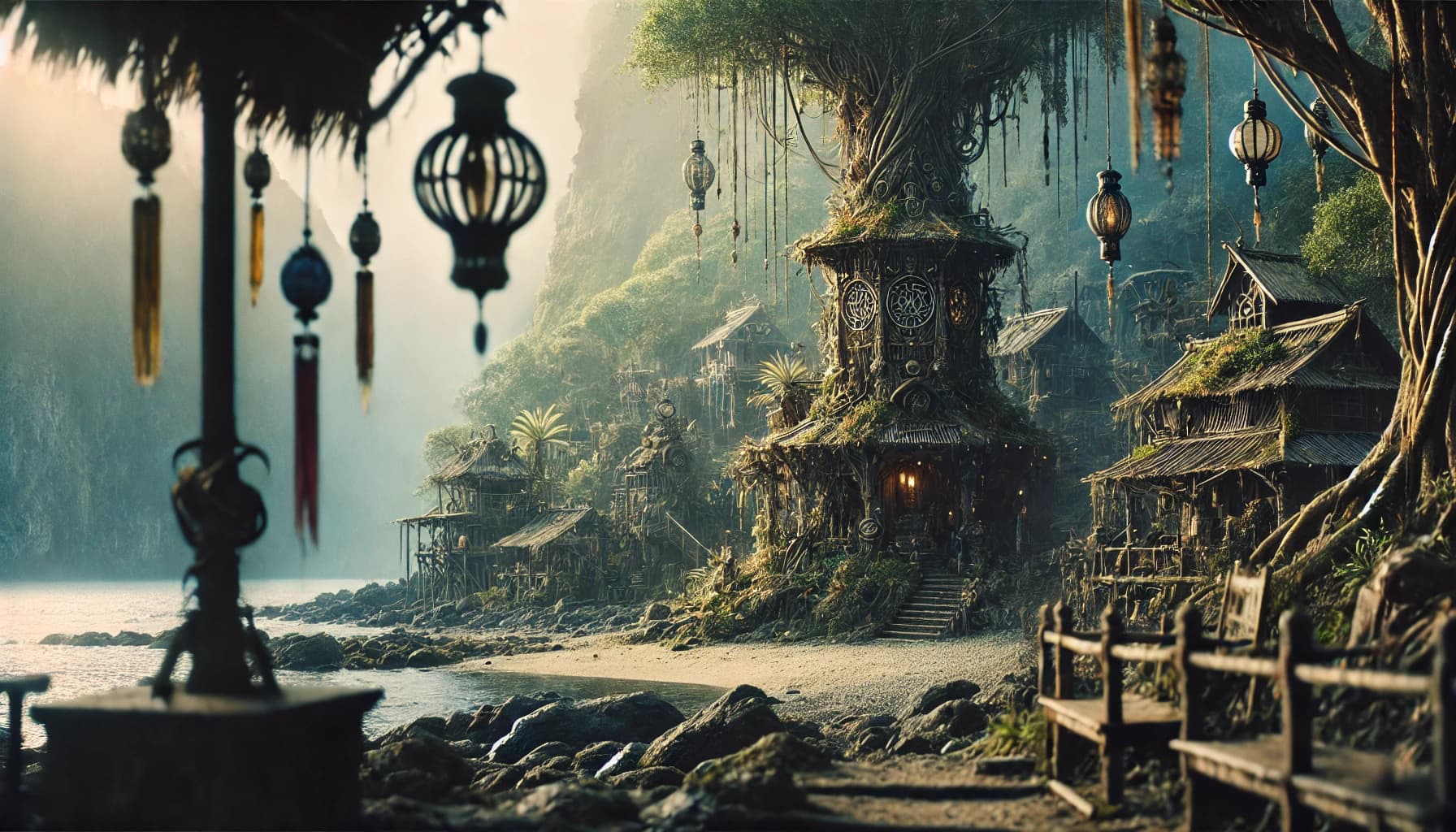A foreground tree hung with metal lanterns and beaded chimes, a coastal cliff-village with stilted houses, fog at sea