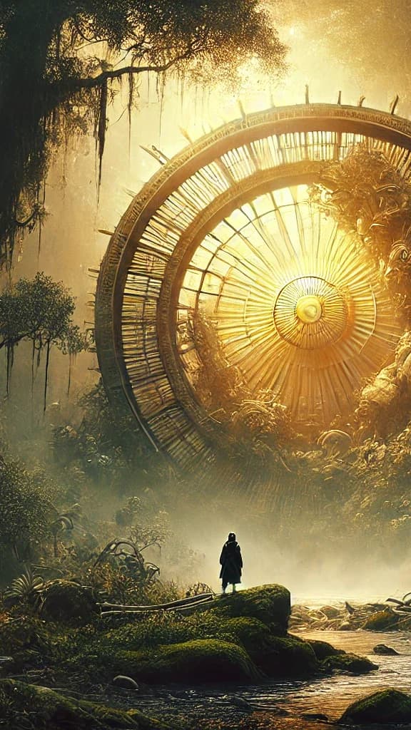 A radial sunburst solar disc embedded in a jungle cliff face with a waterfall, a small cloaked figure on the riverbank