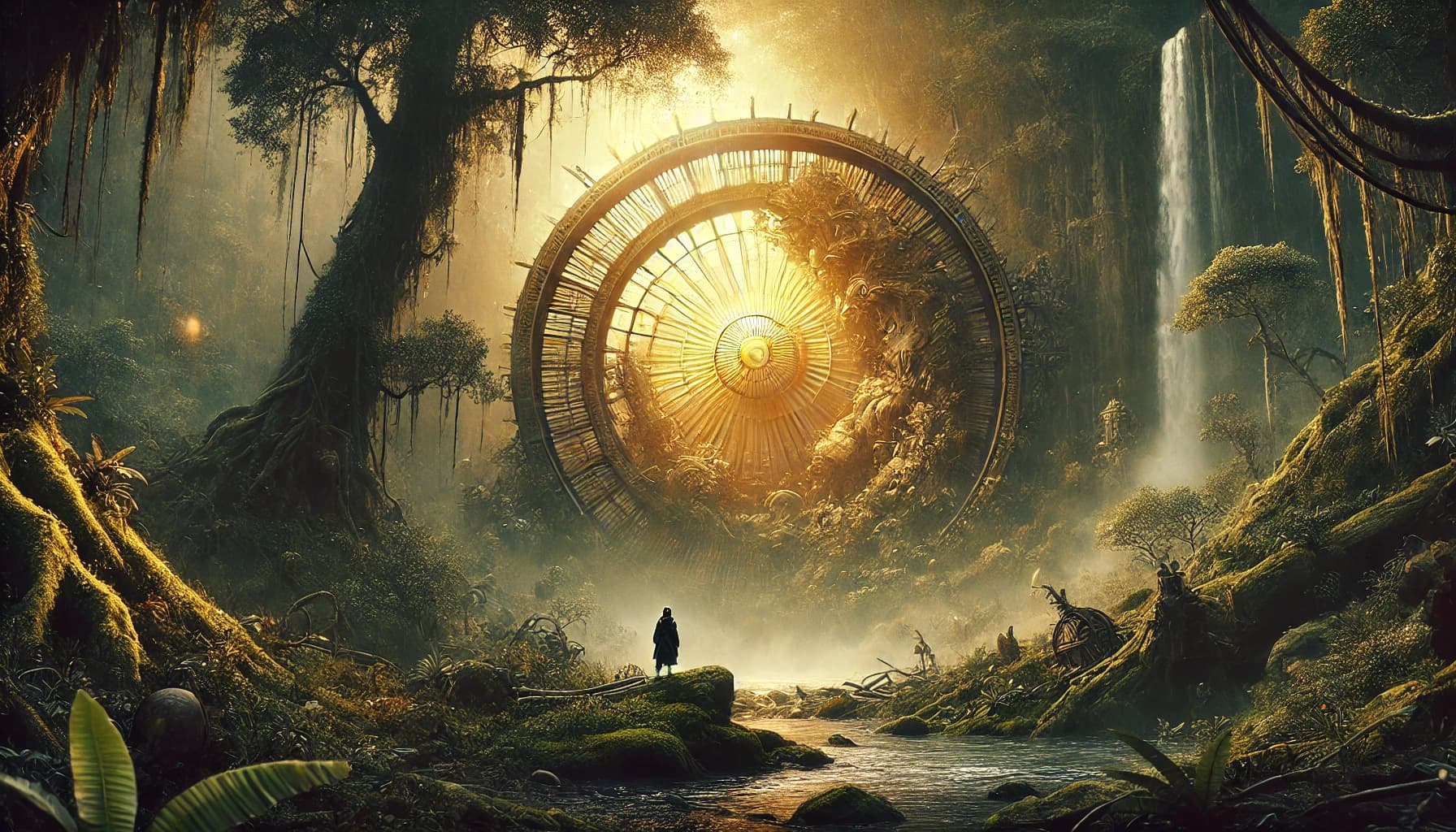 A radial sunburst solar disc embedded in a jungle cliff face with a waterfall, a small cloaked figure on the riverbank