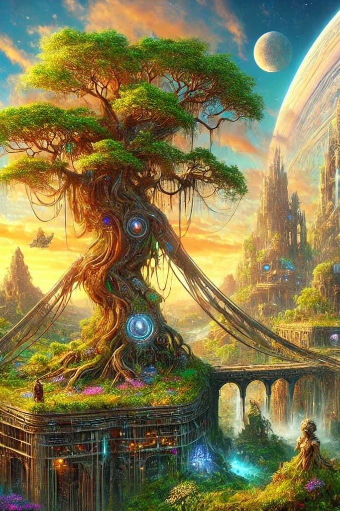 Fantasy landscape with ringed planet, tree-people statues, glowing eye-portal, waterfalls, cliff architecture, robed figures