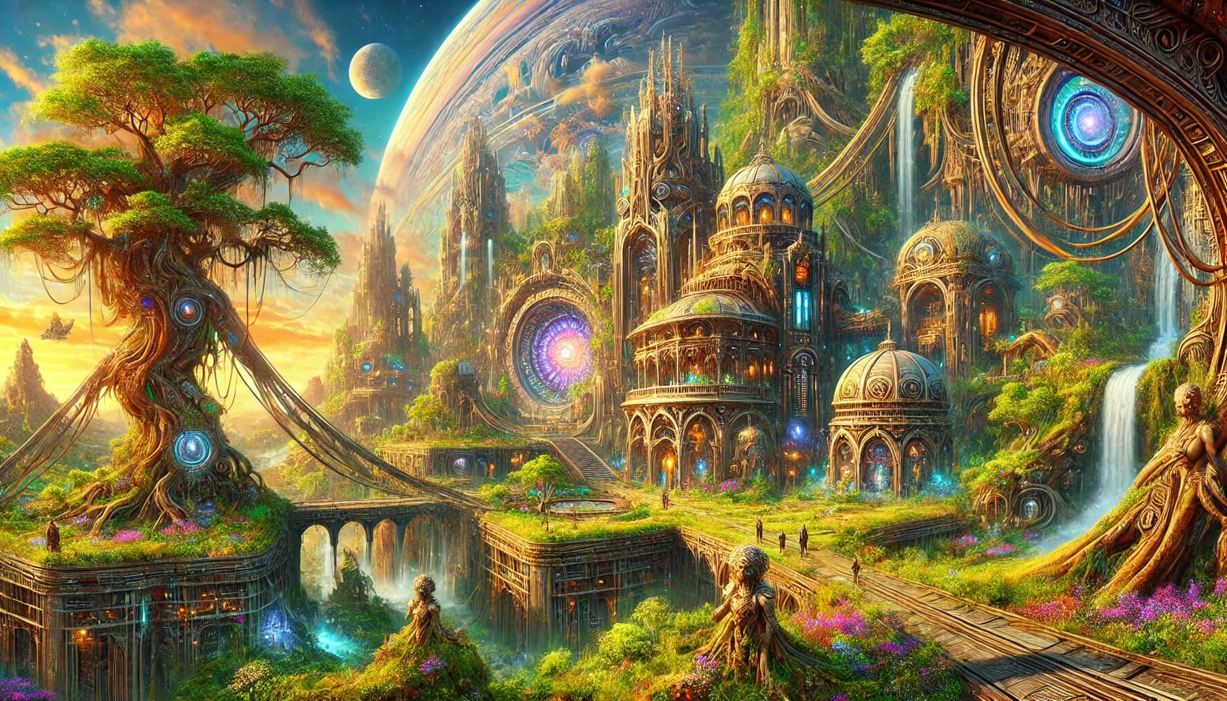 Fantasy landscape with ringed planet, tree-people statues, glowing eye-portal, waterfalls, cliff architecture, robed figures
