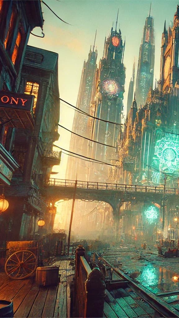 Wet cobbled Victorian street with horse-drawn carriage, gas lamps, gothic clock-towers, two red SONY neon signs