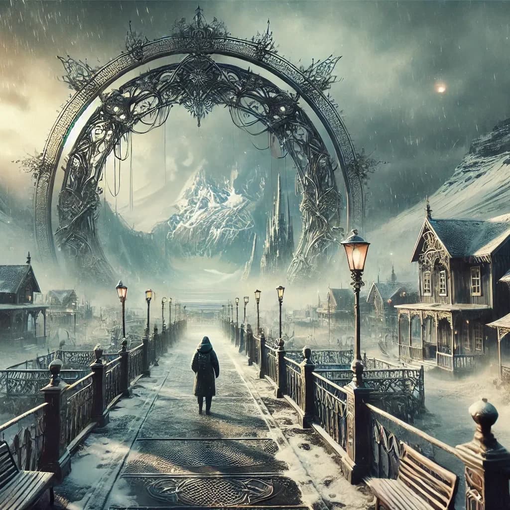 Cloaked figure walking down a snowy Victorian bridge toward an iron archway portal, gas lamps, falling snow